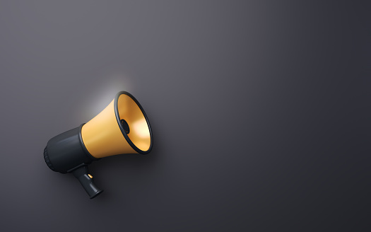 3d Render Black & Yellow Megaphone on Soft Gray Background,It can be used for concepts such as discount, announcement, election, vote, policy, state, winning, losing