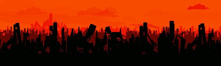 Landscape of the Destroyed City. Panorama of the city after the war or natural disasters. Sad landscape. Vector.