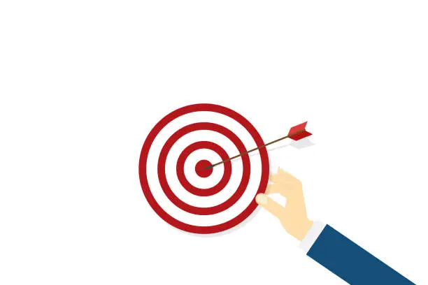 Vector illustration of Hand holding a target, showing a goal. Red arrow hits the center. Business challenge failure and success concept.