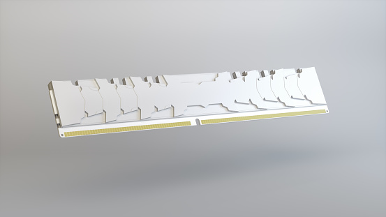 White DDR4 RAM with Golden Connectors on a Gray Studio Background. Technology Concept. Perspective View. 3D Render.