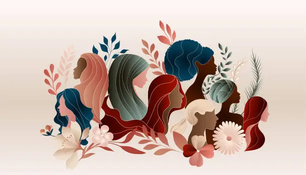 Vector illustration of Group silhouette of multicultural women with leaves and flowers. International women’s day. women of different cultures. Banner