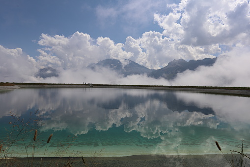 Scenic view  of lake in   Tien Shan mountains in Kyrgyzstan in summer