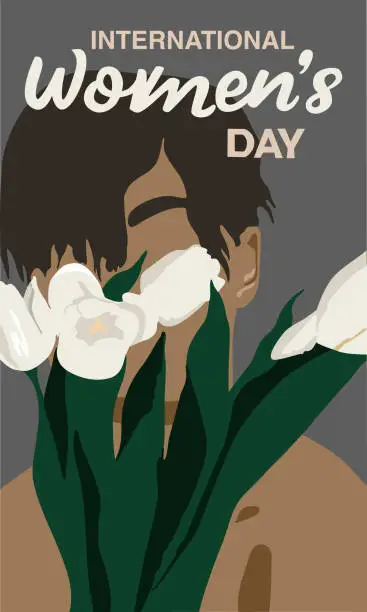 Vector illustration of vector flat illustration, close-up view of a girl holding a bouquet of white tulips, greeting card for March 8