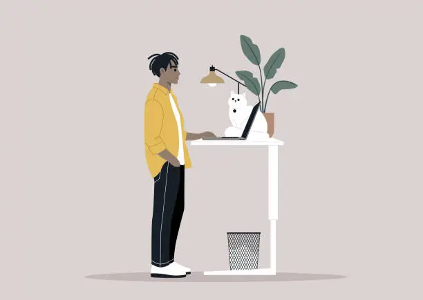 Vector illustration of A young freelancer diligently working from home, their desk thoughtfully adjusted to a standing position, a setup believed to be beneficial for spinal health