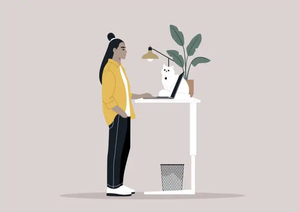Vector illustration of A young freelancer diligently working from home, their desk thoughtfully adjusted to a standing position, a setup believed to be beneficial for spinal health