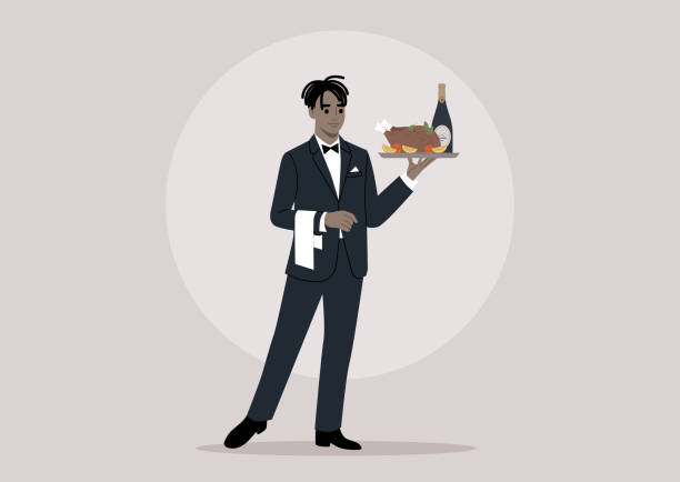 wytworny kelner, ubrany w elegancki czarny smoking z serwetką udrapowaną na dłoni, z wdziękiem trzyma tacę ozdobioną butelką wina musującego i doskonale upieczonym kurczakiem - butler champagne service waiter stock illustrations