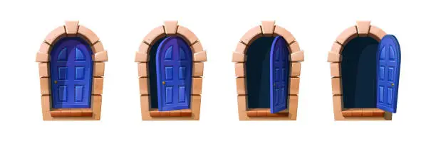 Vector illustration of Blue wooden cottage door open and closed. Vector cartoon style icon illustrations. Sprite animation for 2d game.