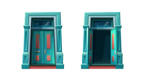 Vector illustration of Vector cartoon style icon illustration. Open and closed mansion door entry house.