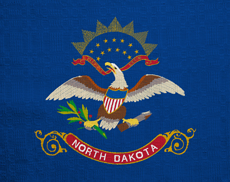 Flag of North Dakota state USA on a textured background. Concept collage.