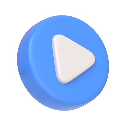 Blue round play button isolated on white background. 3D icon, sign and symbol. Cartoon minimal style. 3D Render Illustration