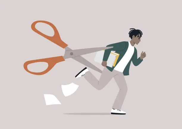 Vector illustration of A staff layoff concept represented by a young character metaphorically pursued by a menacing pair of scissors, symbolizing the looming threat of downsizing due to changes in business priorities