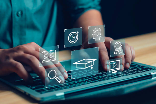 istock Learn to train in front of the computer. Internet e-learning lessons and online webinars People attending online lessons on digital screens Internet Technology Education Features. 1942770782
