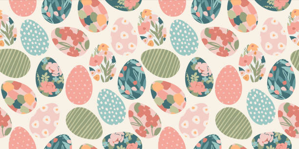 ilustrações de stock, clip art, desenhos animados e ícones de happy easter. vector seamless pattern. easter eggs with abstract flowers. - easter egg illustrations