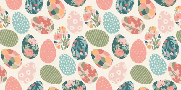 Vector illustration of Happy Easter. Vector seamless pattern. Easter eggs with abstract flowers.