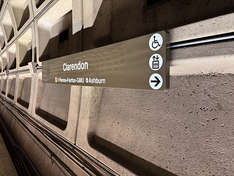 Arlington, Virginia - November 11, 2023: Sign for the Clarendon Metro station, part of the DC Metro / Wmata
