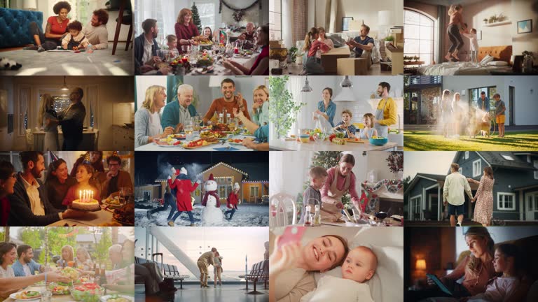 Split Screen Collage of Diverse Families Spending Time Together. Sweet Moments of Happiness, Celebrations, Tenderness, Dinners, Anniversaries and Cheerfulness. Multi Display Montage Concept