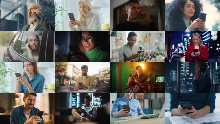 Split Screen Collage of Diverse Group of People Using Smartphones. Multiethnic Professionals, Businesspeople, Workers Using Mobile Phones for Calls, Connectivity, Creators. Multi Screen Connection