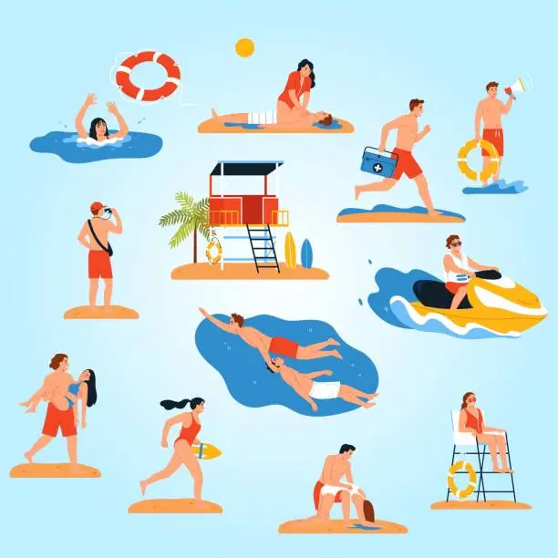 Vector illustration of lifeguards color set with isolated icons compositions inflatable rings human characters lifesavers