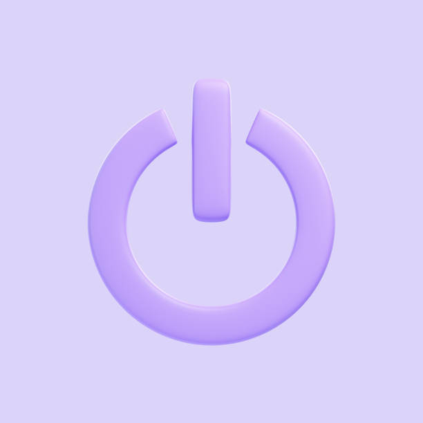 Power Off purple button isolated on purple background. 3D icon, sign and symbol. Cartoon minimal style. Front view. 3D Render Illustration