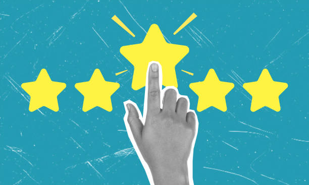 istock Art collage, customer experience concept. Woman's hand shows five stars. 1942789840