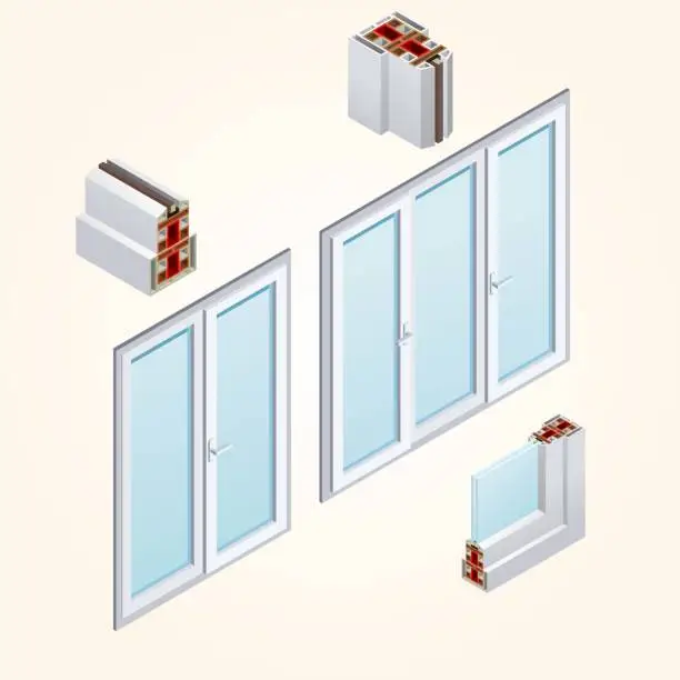 Vector illustration of isometric pvc windows frame elements