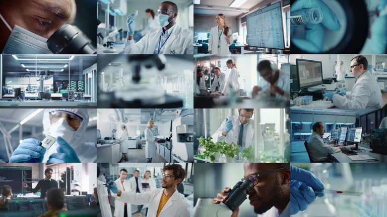 Split Screen Montage of High-Tech Research Laboratories where Scientists Making Breakthrough Discoveries. Production, Manufactury, Medicine, Bio Technology in Lab. Concept of Scientific Progress