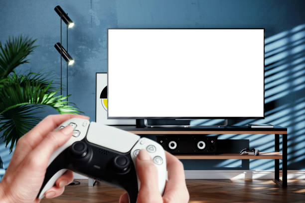 istock Girl playing video game on TV mockup. 3D rendering 1942802532