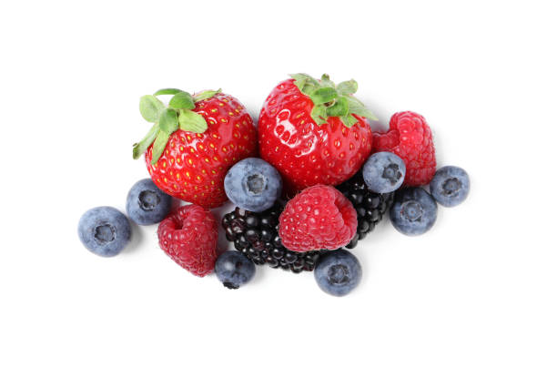 istock Many different ripe berries isolated on white, top view 1942803039