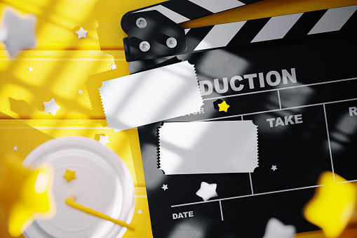 Blank two cinema tickets on the clapperboard mockup. 3D rendering