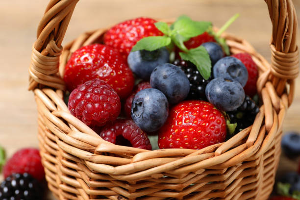 istock Many different fresh ripe berries in wicker basket, closeup 1942805733