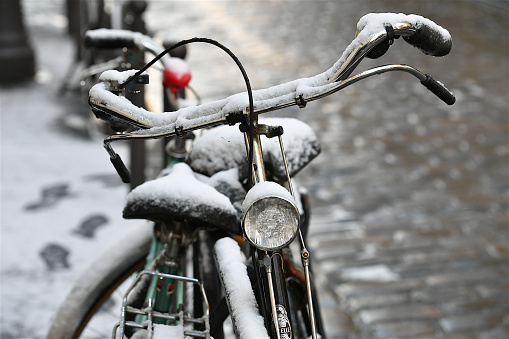 Paris, France-01 18 2024: Bicycles in the snow, Paris, France.