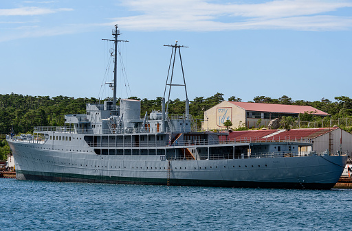 Kraljevica, Croatia – June 24, 2023: Old luxury ship Galeb previously owned by Yugoslavian president Tito being restored in Kraljevica harbor near Rijeka, Croatia