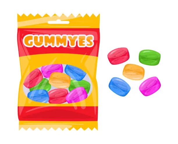 Vector illustration of Fruity gummies package. Chewy jelly candy sweets with fruit flavors flat vector illustration. Sweet gummy jelly candies bag