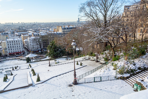 Paris, France, 30th of January 2019, Aerial view of Square Louise Michel in Montmartre under snow,