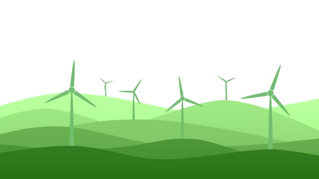 Landscape hill layers with wind turbine farm plants copy space animation background.
