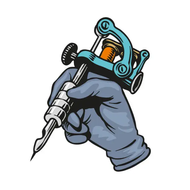 Vector illustration of Tattoo artist holding coil tattoo machine. Hand in sterile glove holding tattoo gun or iron equipment isolated on the white background. Vector illustration.