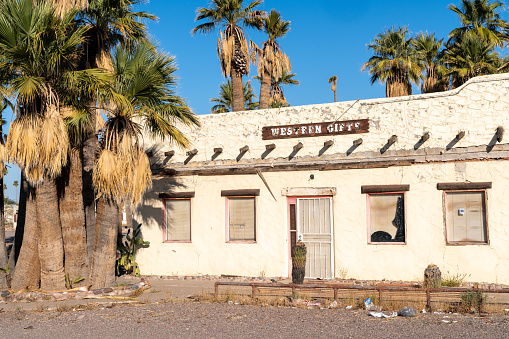 Mesa, Arizona - December 14, 2023: Famous abandoned Buckhorn Baths motel and vintage neon sign, a local landmark
