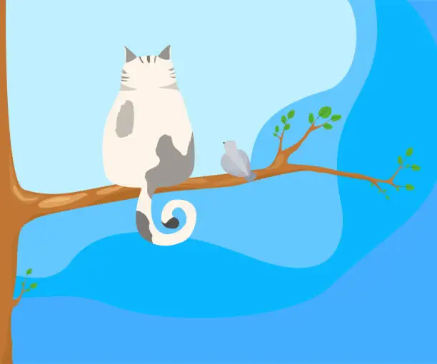 Vector illustration of A big fat cat sits with its back on a tree branch. Nearby, a dove looks at a cat.