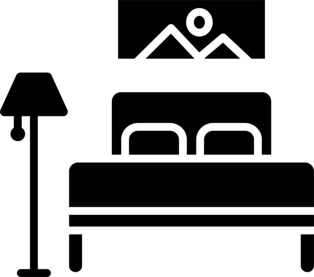 ilustrações de stock, clip art, desenhos animados e ícones de bedroom and lamp solid and glyph vector illustration - hotel room bed silhouette lamp