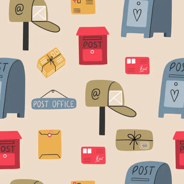 Vector illustration of Modern seamless pattern with mailboxes of different shapes and postal letters.