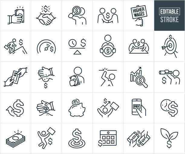 salary and wage thin line icons - 편�집 가능한 획 - computer icon symbol bulls eye handshake stock illustrations