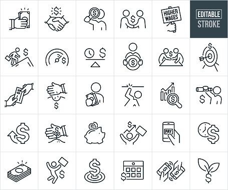 A set of salary and wage icons that include editable strokes or outlines using the EPS vector file. The icons include an employer paying wages by handing out a handful of cash, handshake over salary agreement, business person using a magnifying glass to search for higher wages, two business people shaking hands over wage agreement, hand holding a protest sign reading 