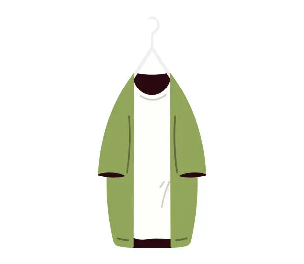 Vector illustration of Clothes on hanger. Storage of men and women garments on hangers, apparel hanging on rack, wardrobe