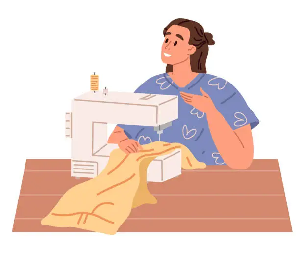 Vector illustration of Woman housewife working on sewing machine at home. Workplace of seamstress, home leisure, housework