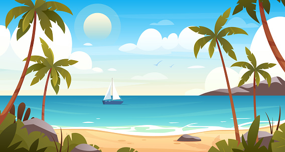 Summer beach. Vector seaside landscape with coast, mountains, palm trees, sea, ocean, waves, ship, beautiful sky with clouds. Paradise nature vacation. Seascape background. Outdoor travel panorama
