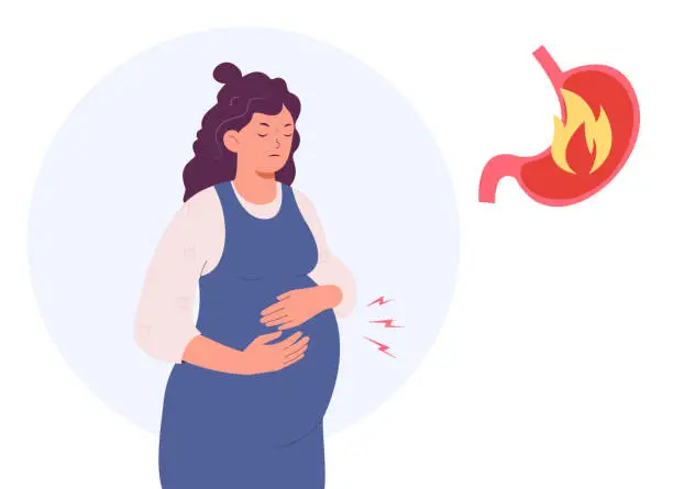 Vector illustration of Pregnancy woman with abdominal pain. Digestive system problem. Pregnancy symptoms and problems concept.