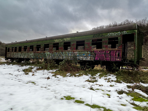 Abandoned old train carriage with writings on it, Chiatura in Georgia, 01/06/2024