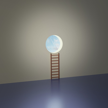 Digitally generated image showing a ladder leading to a blue sky