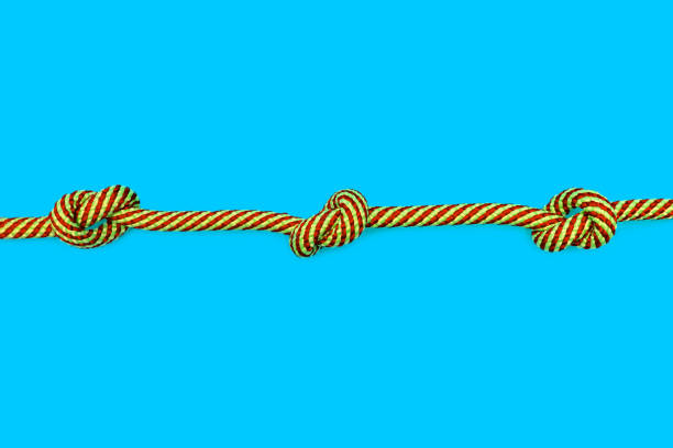 파란색 배경에 세 개의 매듭이 있는 여러 가지 빛깔의 밧줄 - tied knot rope three objects string 뉴스 사진 이미지