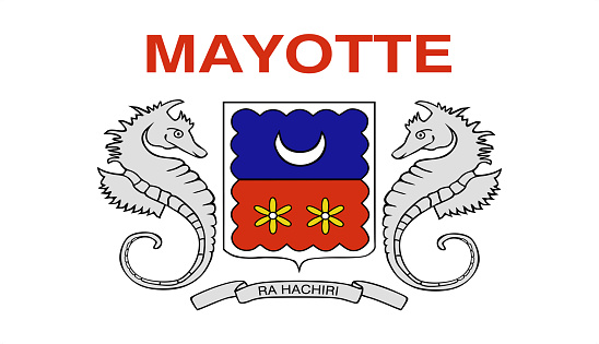 Flag of Mayotte. flag of Mayotte island. Mayotte symbol on textured background. Fabric texture. Island country. 3D illustration. overseas department